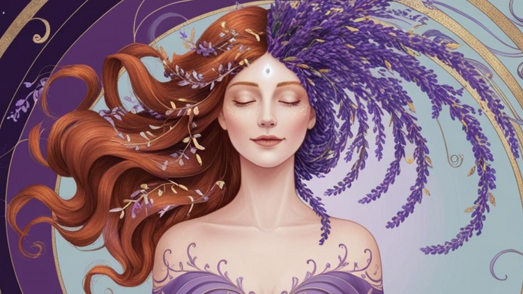 a Mystic Lavender Goddess, A serene, ethereal woman with flowing hair that turns into swirling lavender vines. Her third eye is open, symbolizing mindfulness and relaxation promoting lavender eye pillows by yogion wellness