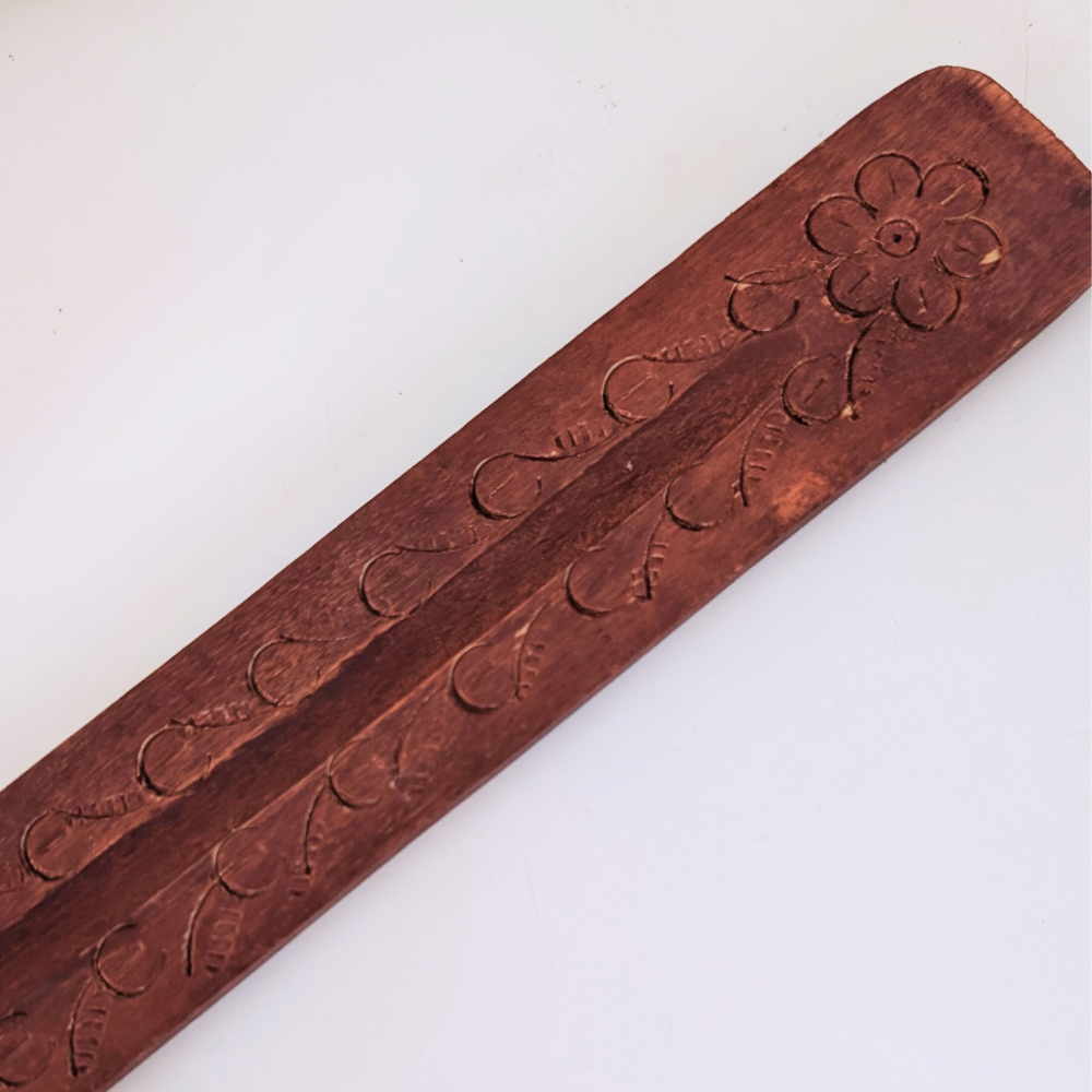 engraved floral hand-crafted wood incense holder burner