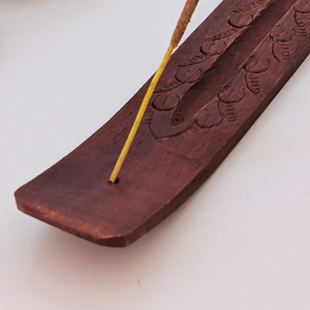 engraved floral hand-crafted wood incense holder burner