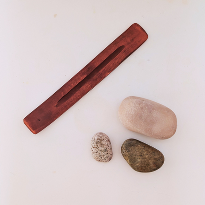 hand-crafted wooden INCENse holder burner top view with rocks