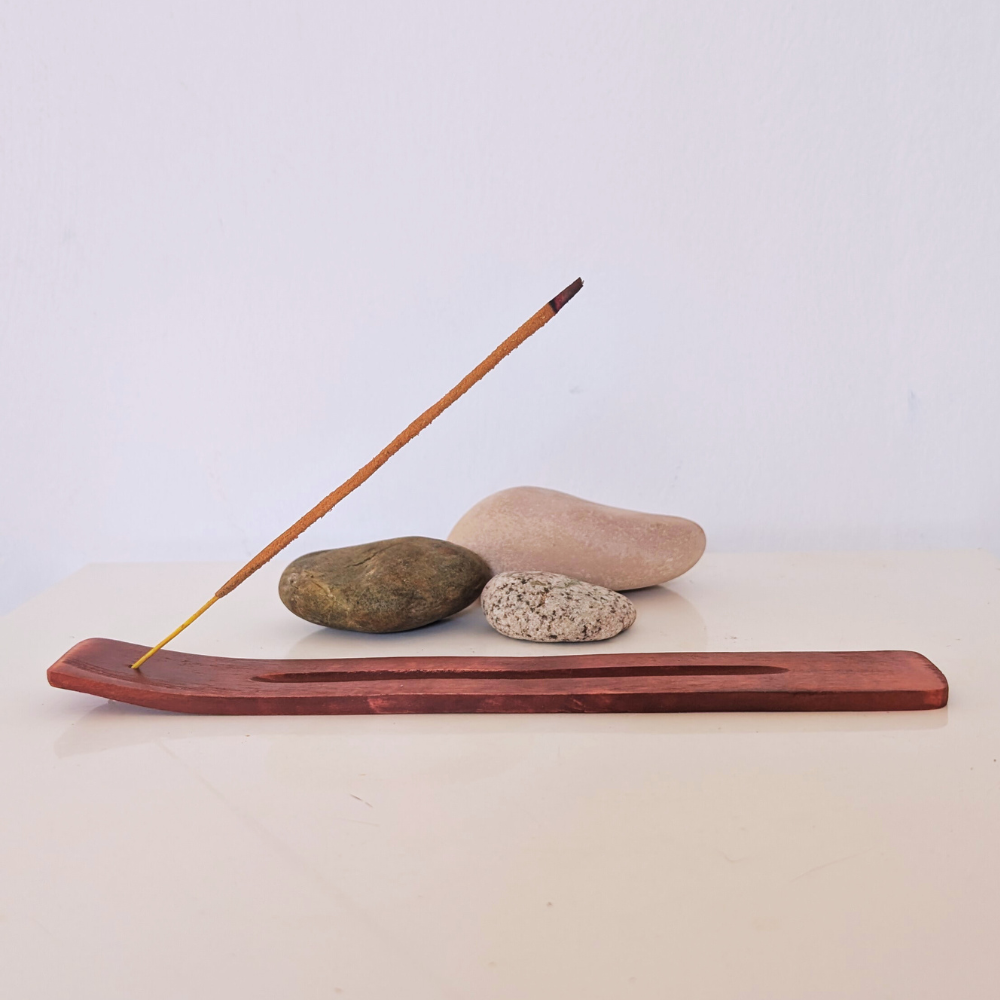 hand-crafted wooden INCENse holder burner and rocks