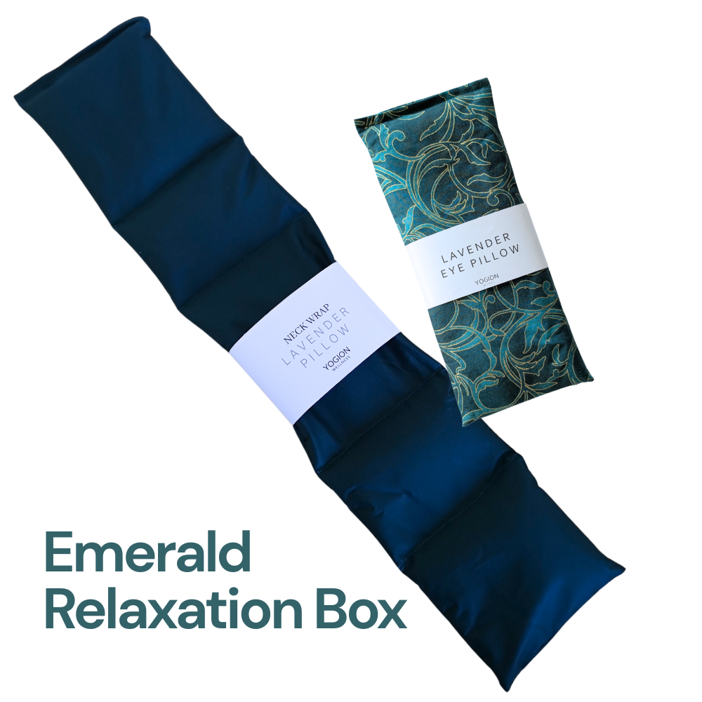 emerald green neck wrap and lavender eye pillow with gold detailed fabric packaging gift set by yogion wellness