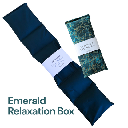 emerald green neck wrap and lavender eye pillow with gold detailed fabric packaging gift set by yogion wellness