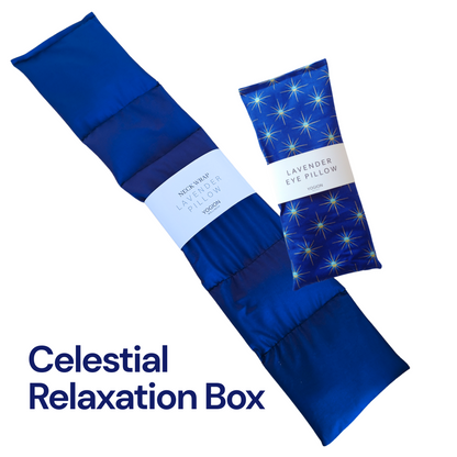 Blue neck wrap and lavender eye pillow with star pattern packaging on a white background, labeled 'Celestial Relaxation Box' for gift set