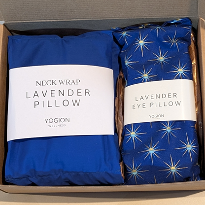 Two lavender pillows, one neck wrap and one eye pillow, in a box YOGION wellness , as a gift set
