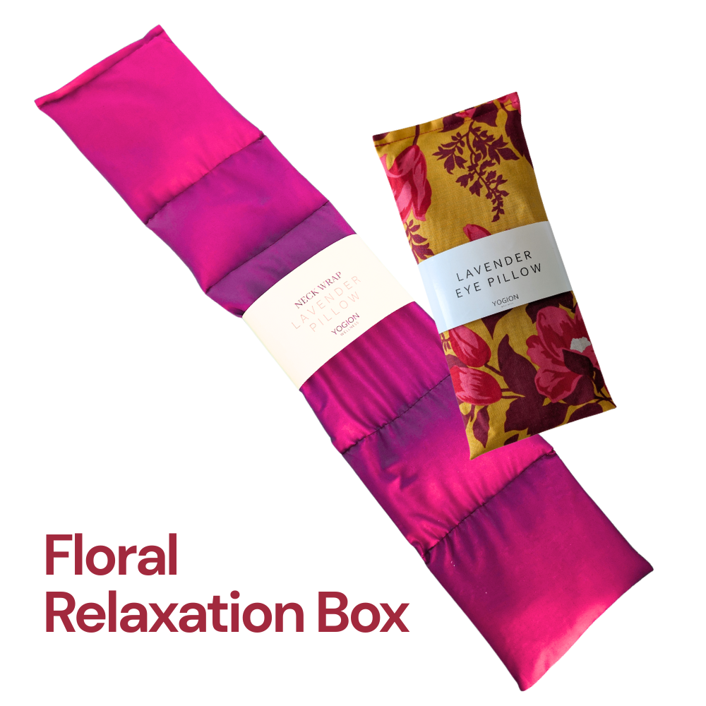 lavender neck wrap and lavender eye pillow in floral fabric gift set by yogion wellness