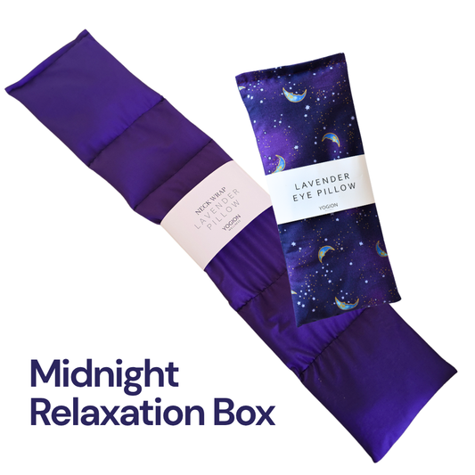 Purple lavender neck wrap and lavender eye pillow gift set with packaging on a white background, labeled 'Midnight Relaxation Box' by yogion wellness.