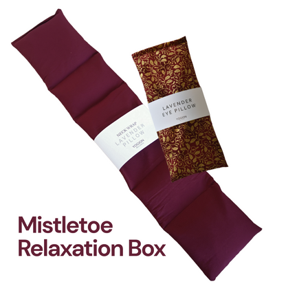 Christmas relaxation box set of a lavender eye pillow and lavender neck wrap burgundy and mistletoe fabric