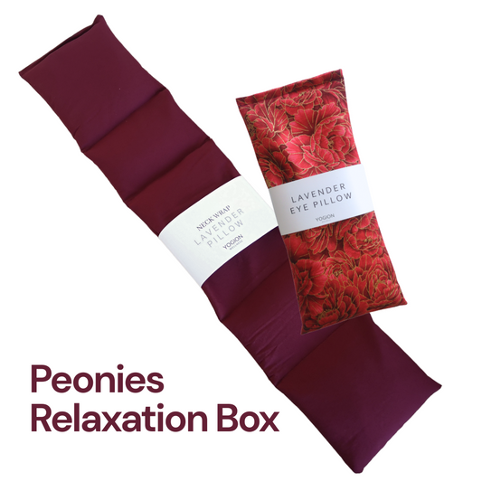 burgundy lavender neck wrap and lavender eye pillow in red peonies fabric with gold detail, in a gift set, by yogion wellness