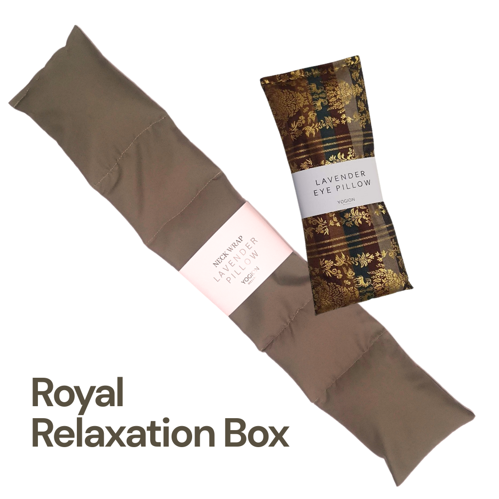 Brown lavender eye pillow with golden details and beige neck wrap packaging gift set by yogion wellness