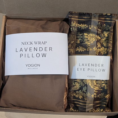 Two lavender products, a beige neck wrap and an eye pillow with gold details, gift set 