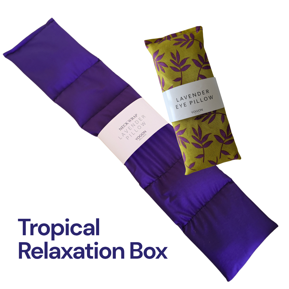 Purple neck wrap and yellow lavender eye pillow with purple forest details packaging gift set by yogion wellness