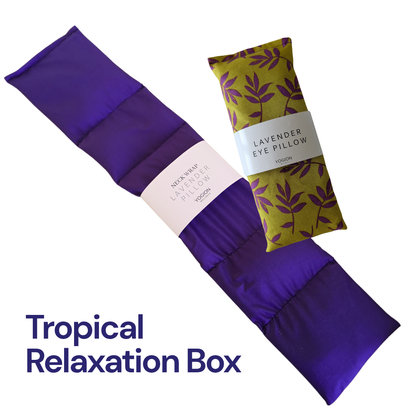 Purple neck wrap and yellow lavender eye pillow with purple forest details packaging gift set by yogion wellness