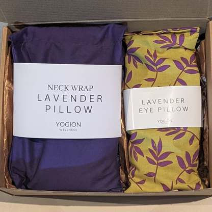 Purple neck wrap and yellow lavender eye pillow with purple forest details packaging gift set by yogion wellness