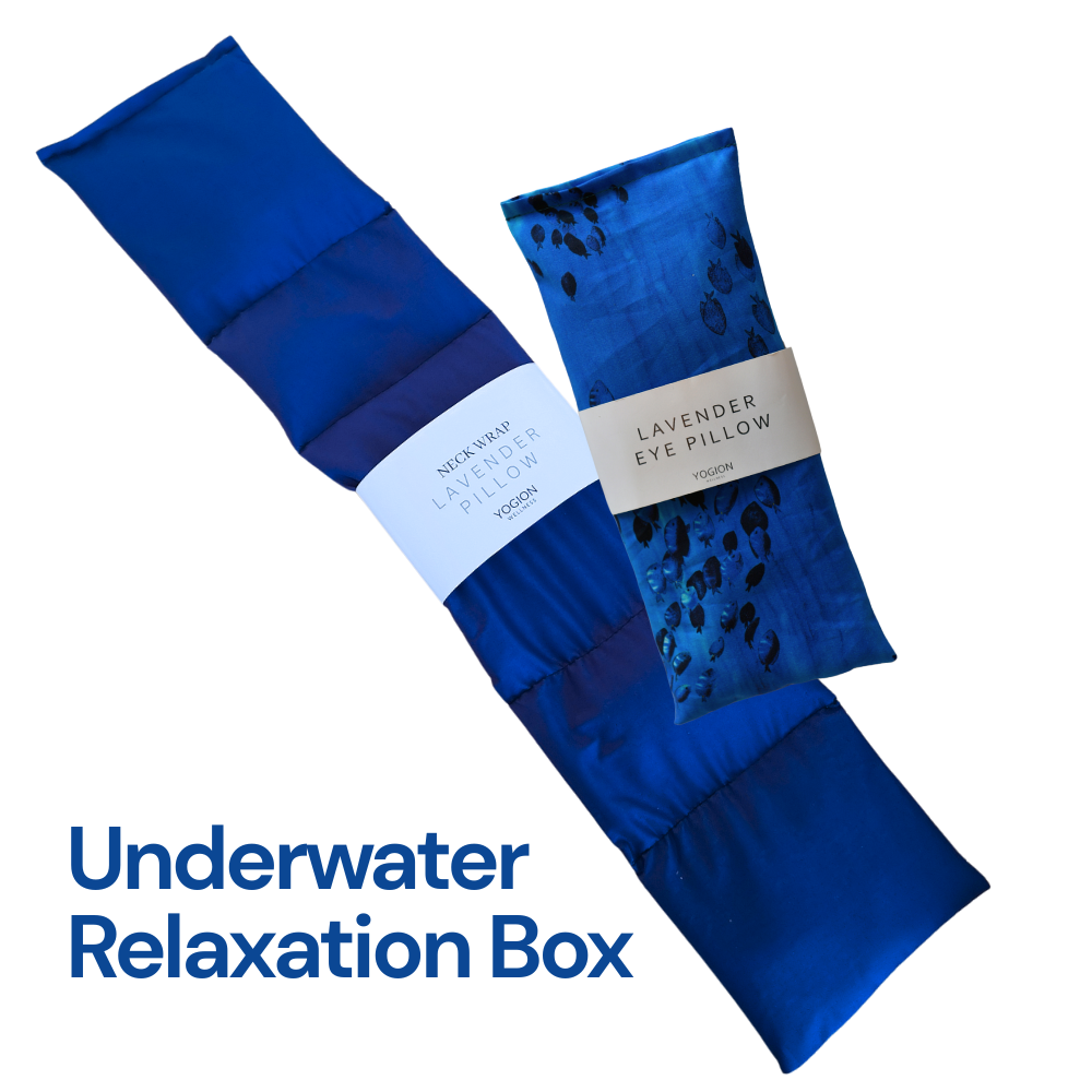 ocean blue neck wrap and blue lavender eye pillow with fish fabric packaging gift set by yogion wellness