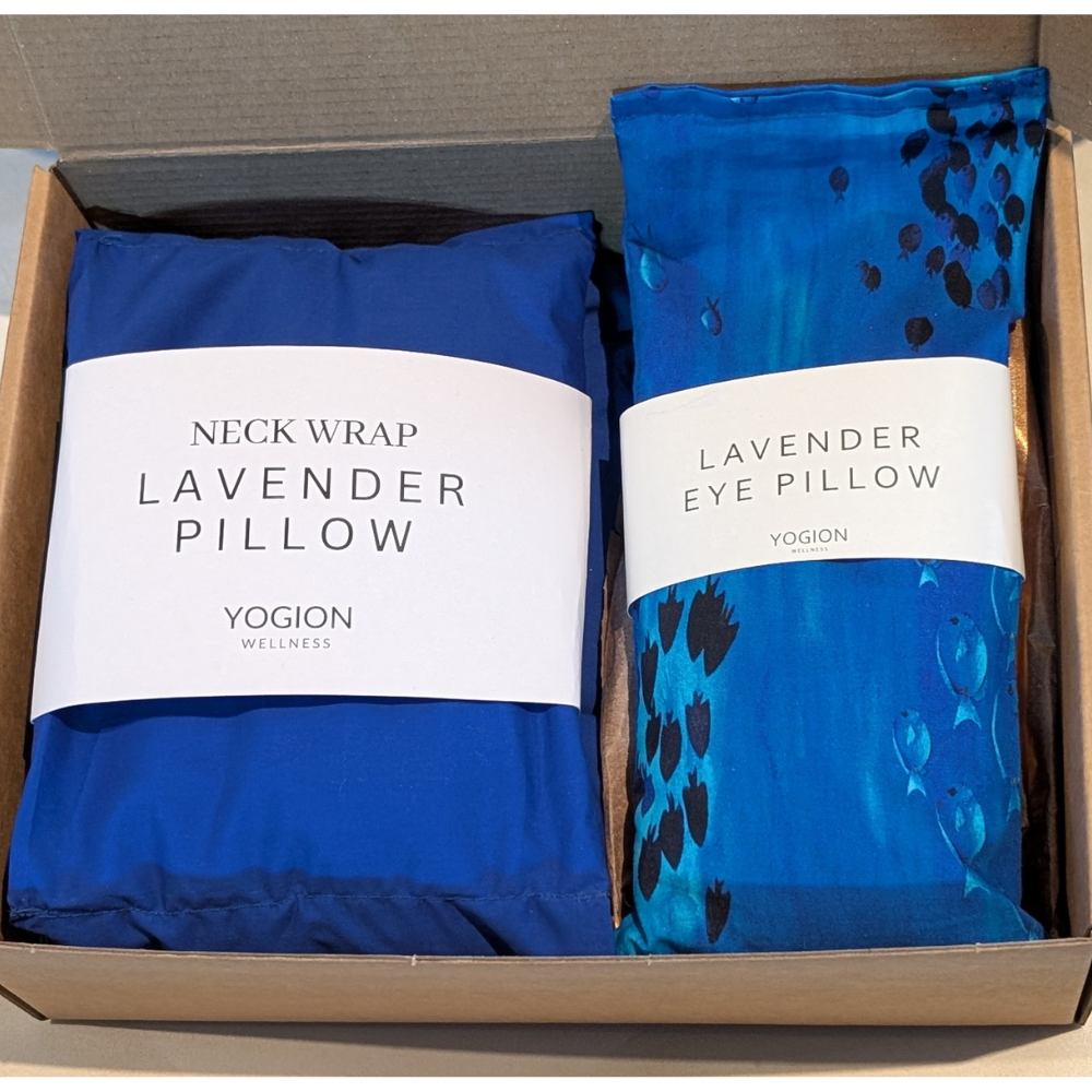 ocean blue neck wrap and blue lavender eye pillow with fish fabric packaging gift set by yogion wellness
