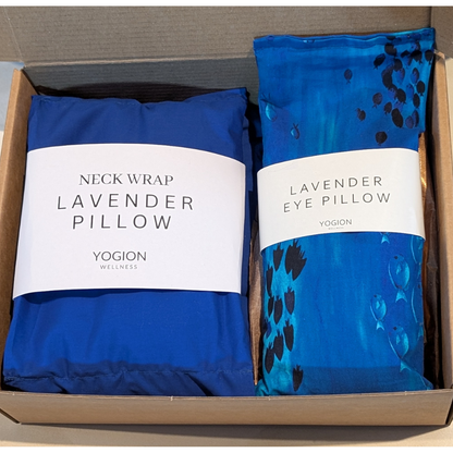 ocean blue neck wrap and blue lavender eye pillow with fish fabric packaging gift set by yogion wellness