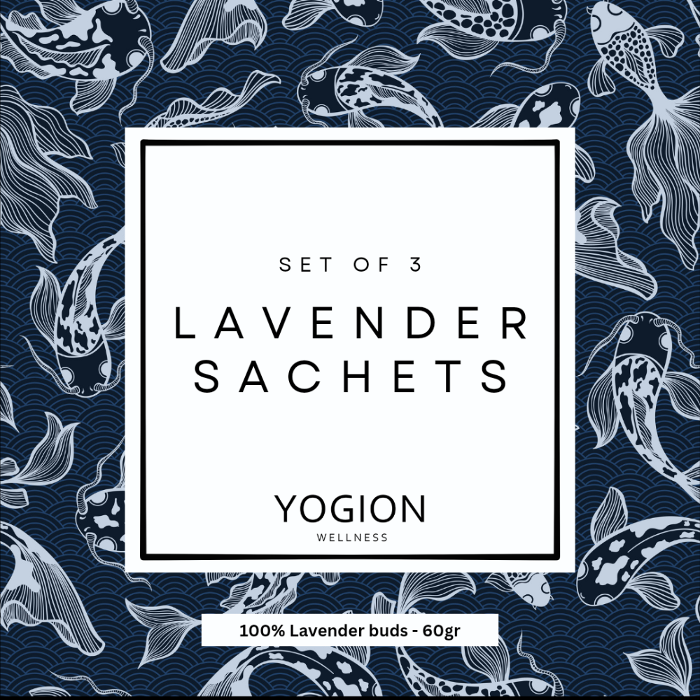 Yogion lavender sachets packaging with koi fish design on a black background