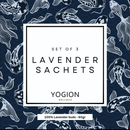Yogion lavender sachets packaging with koi fish design on a black background