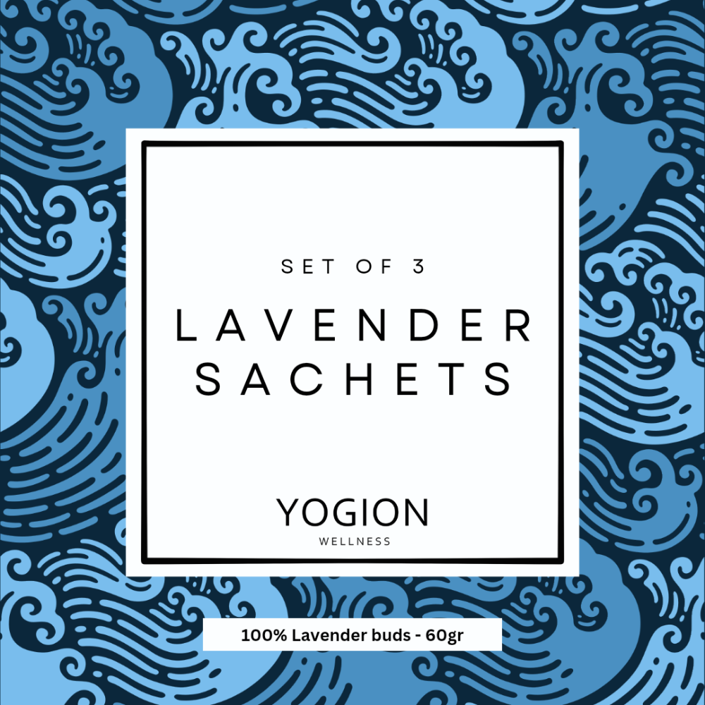 Yogion lavender sachets packaging with blue wave pattern