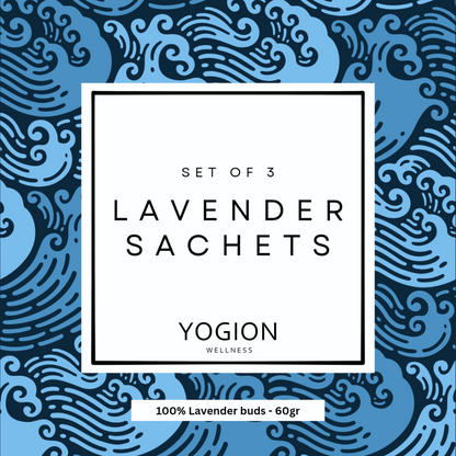 Yogion lavender sachets packaging with blue wave pattern