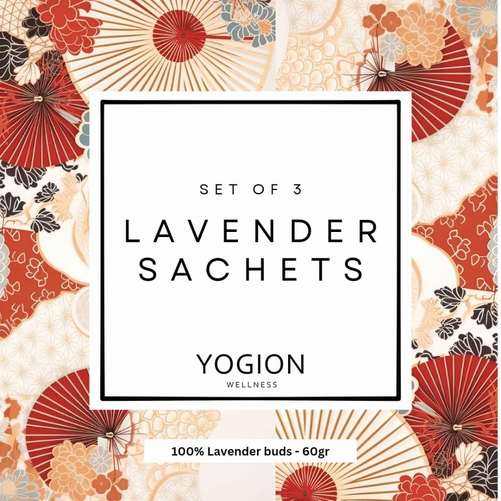 Yogion Wellness lavender sachets packaging with floral design