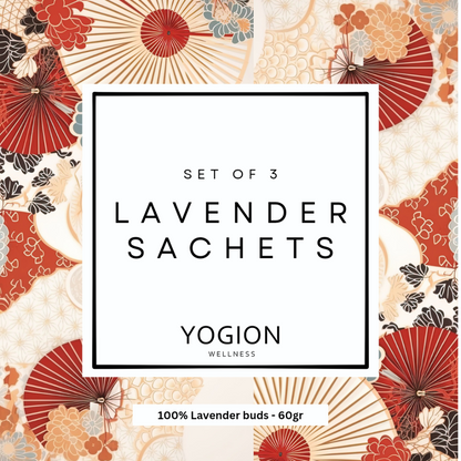 Yogion Wellness lavender sachets packaging with floral design