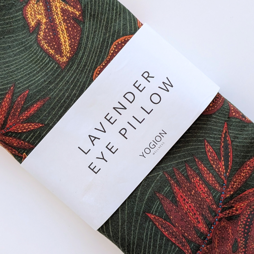 Lavender eye pillow with a label on a white background