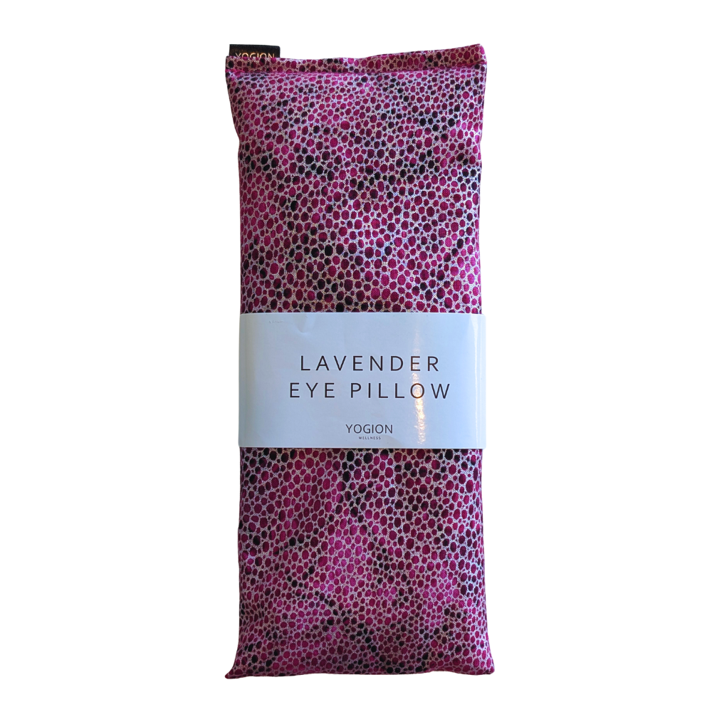 Lavender eye pillow with pink and black, snake skin pattern with silver detail