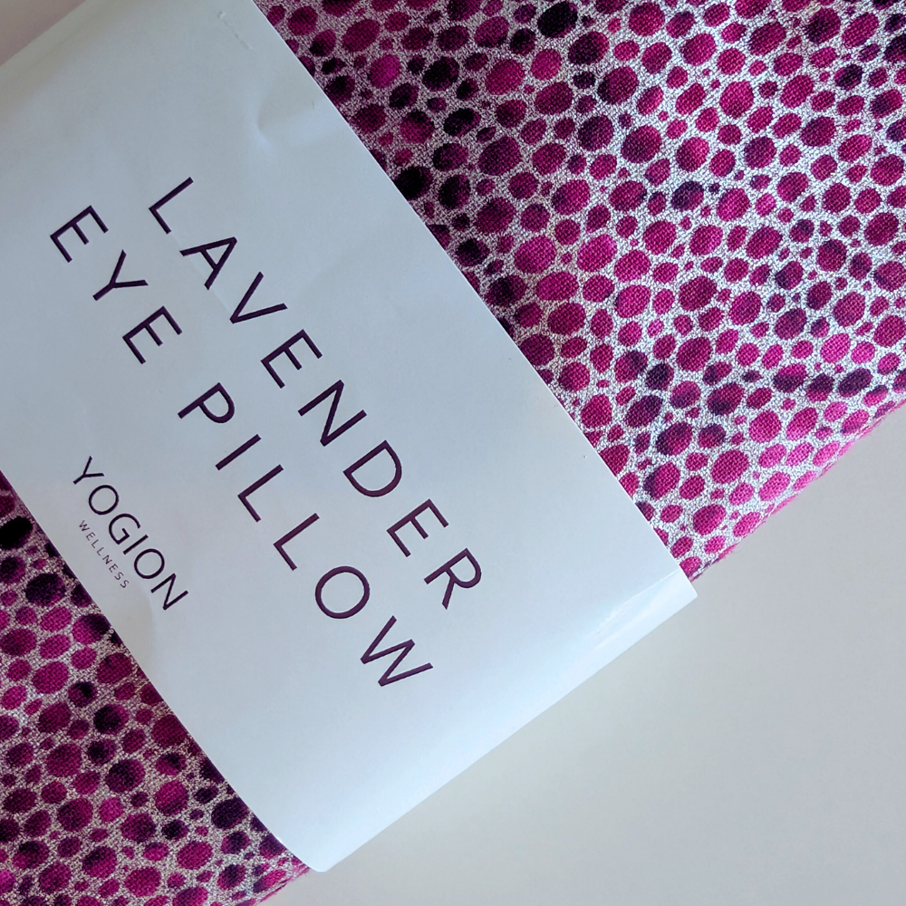 Lavender eye pillow packaging with pink and purple polka dot pattern