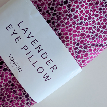 Lavender eye pillow packaging with pink and purple polka dot pattern