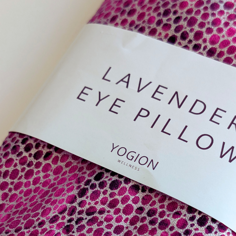 pink Lavender eye pillow with silver detail a label by yogion wellness 