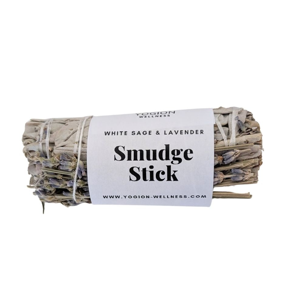 Yogion Wellness smudge stick with white label on a white background, CYPRUS, WHITE SAGE AND LAVENDER 