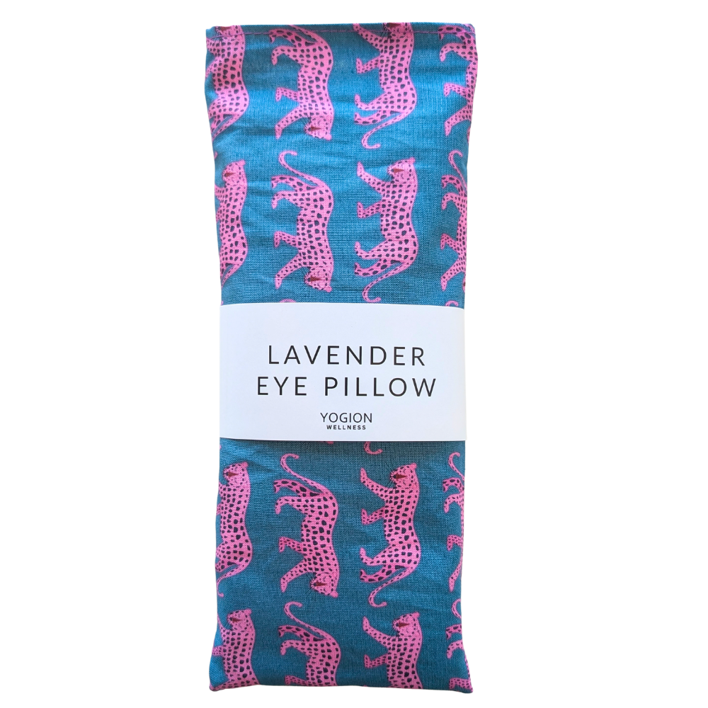 teal lavender eye pillow with pink leopards pattern by yogion wellness