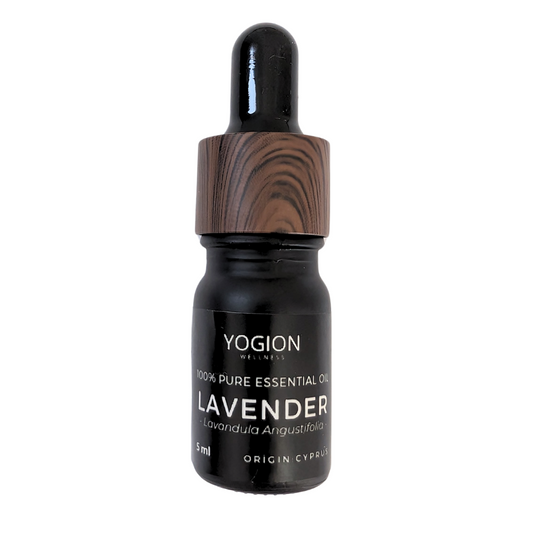 Yogion lavender essential oil bottle on a white background, cyprus