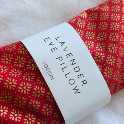Lavender eye pillow red with golden detail by Yogion wellness Cyprus close up