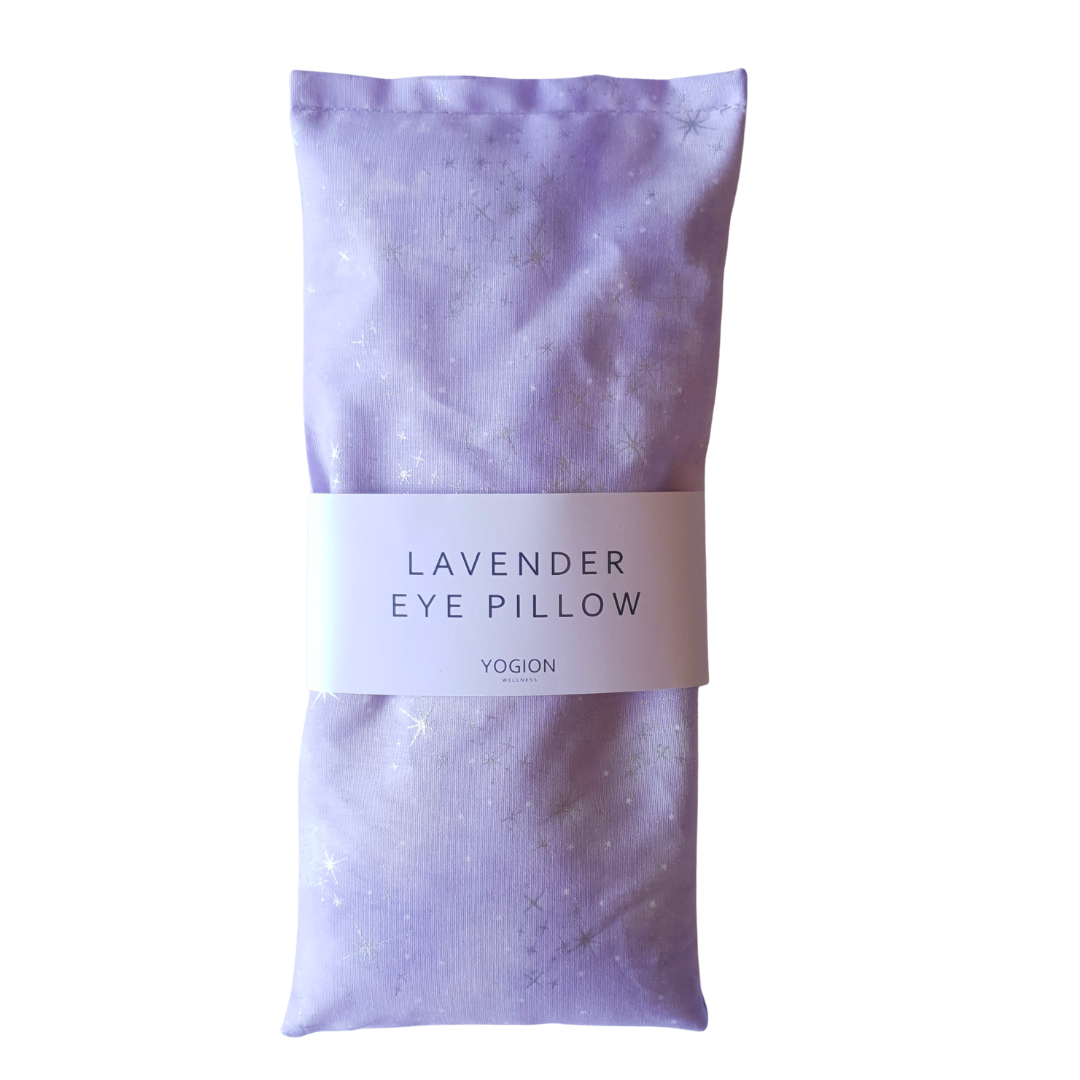 Lavender eye pillow with a label on a white background