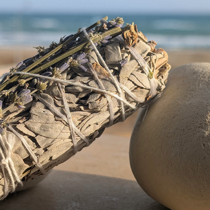 Hand-tied white sage and lavender smudge stick, beach view