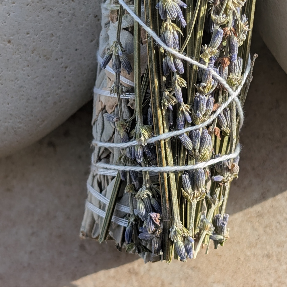 close up Hand-tied white sage and lavender smudge stick for energy cleansing, spiritual rituals, and home purification, cyprus, 