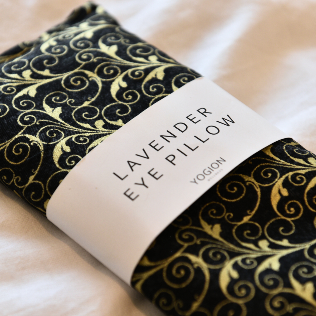 Lavender eye pillow Black Gold Botanical fabric close up