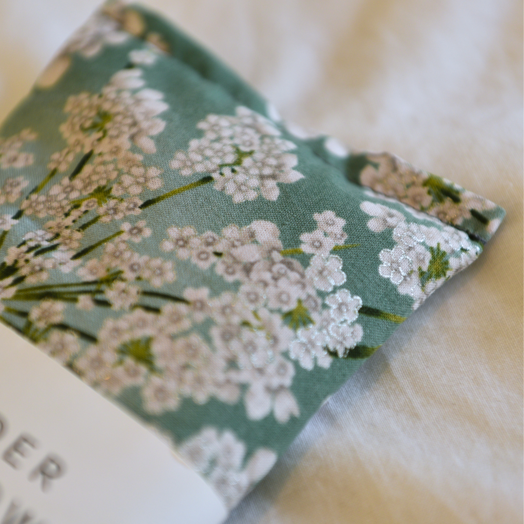 Lavender eye pillow mint Japanese floral silver detail fabric 