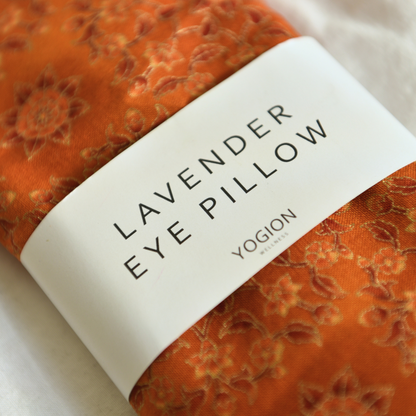 Lavender eye pillow orange gold botanical fabric detail